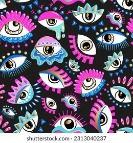 Bright seamless pattern with colorful eyes. Texture background. Wallpaper for teenager girls. Women's fashion style