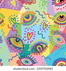 Bright seamless pattern with colorful eyes. Colorful eyes with eyelashes of different shapes for textile, print, apparel. Wallpaper for teenager girls. 