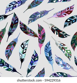Bright seamless pattern with colorful feathers, vector. Colorful art for your design. Trendy boho style patterned elements, tribal template.