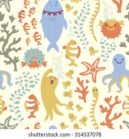Bright seamless pattern with colorful fishes, sea stars and squids. Underseas.