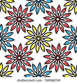 Bright seamless pattern with colorful floral geometric ornament.
