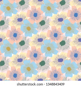 Bright seamless pattern of colorful flowers on white background.