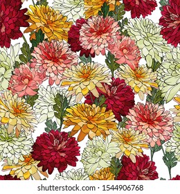 Bright seamless pattern with colorful flowers and green leaves. Red, yellow, pink chrysanthemums on white background. For textile, fashion, wallpapers, greetings, web pages. Vector illustration.