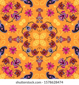 Bright seamless pattern with colorful flowers and paisley on orange background. Bandana print. Beautiful design for summer silk scarf.