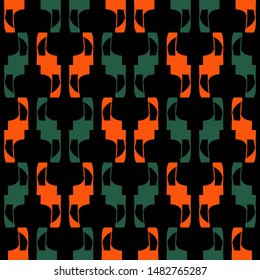 Bright seamless pattern with colorful geometric elements on a black background.
