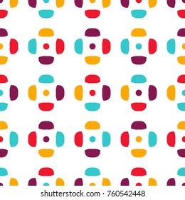 Bright seamless pattern with colorful geometric elements on white background.