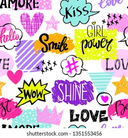 Bright seamless pattern with colorful hearts, words and geometric elements. Grunge neon texture background. Wallpaper for teenager girls. Fashion style 