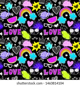 Bright seamless pattern with colorful hearts, words, raibow and hand drawing elements. Neon texture background. Wallpaper for teen girls. Fashion style