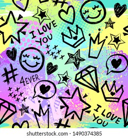 Bright seamless pattern with colorful hearts, words and hand drawing elements. Texture background. Wallpaper for teenager girls. Fashion style