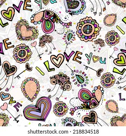 Bright  seamless pattern with colorful hearts. I love you.