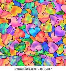 Bright Seamless Pattern of Colorful Hearts with Stylized Holographic Effect. Continuous Romantic Background.