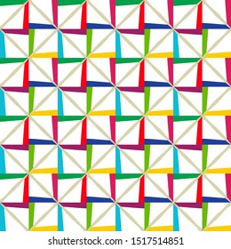 Bright seamless pattern with colorful intersecting stripes on a white background.