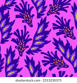 Bright seamless pattern with colorful ornamental shapes and floral decorative elements. Hippie psychedelic print.