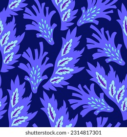 Bright seamless pattern with colorful ornamental shapes and floral decorative elements. Hippie psychedelic print.