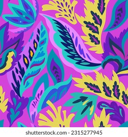 Bright seamless pattern with colorful ornamental shapes and floral decorative elements. Hippie psychedelic print.