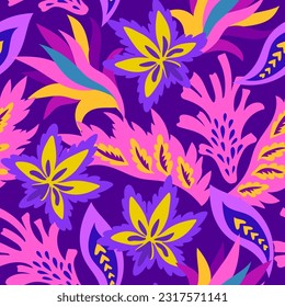 Bright seamless pattern with colorful ornamental shapes and floral decorative elements. Hippie psychedelic print.