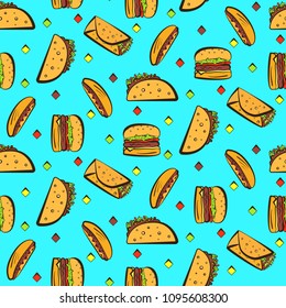 Bright seamless pattern with colorful outline fast food on blue background. Cute cartoon fastfood including hamburger, tacos, burrito, hot dog pop art texture for textile, wrapping paper, package