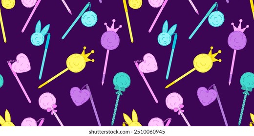 Bright seamless pattern with colorful pens with soft pompoms. Cool school supplies decorated with a crown, bunny ears, bow, ball, heart