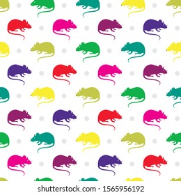 Bright seamless pattern with colorful rats or funky mouses and dots on white isolated background, vector illustration