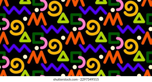 Bright seamless pattern with colorful squiggles and scribble on a black background in the style of 80-90s. Simple childish background. For fabric, wallpaper or packaging.Vector illustration.
