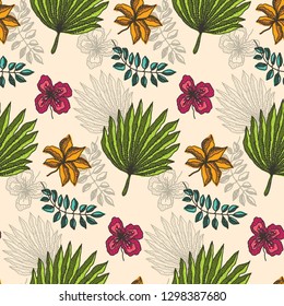 Bright seamless pattern with colorful tropical leaves and flowers on beige background. Trendy exotic plants texture for textile, wrapping paper, surface, wallpaper, background