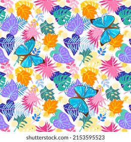 Bright seamless pattern with colorful tropical leaves and big blue butterflies on a white background in vector. Natural print for fabric, wallpaper.