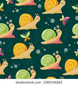 Bright seamless pattern with  colourful cute snails and butterfies. Vector design for kids clothes.