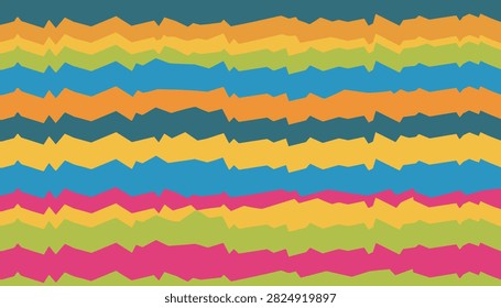 Bright seamless pattern composed of multi colored horizontal zigzag lines in pink, orange, yellow, and teal shades.