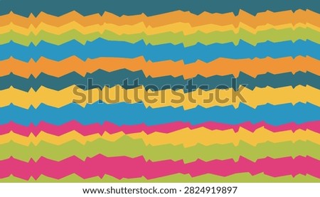 Bright seamless pattern composed of multi colored horizontal zigzag lines in pink, orange, yellow, and teal shades.
