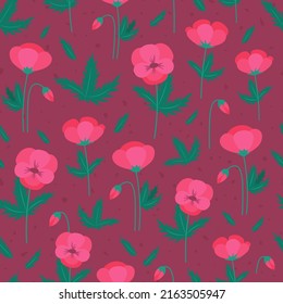 Bright seamless pattern consists of wildflowers. Vector flat illustration. Poppy. Fabrics, textiles, gifts