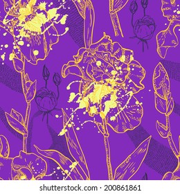 Bright seamless pattern with contour irises and spray paint