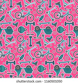 Bright seamless pattern with contrast blue fashion teenager transportation in sticker style on pink background. Modern youth ecological transport texture for textile, wrapping paper, package