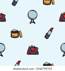 Bright seamless pattern with cosmetic bag, mirror, lipstick, cream. Vector background for a beauty salon, advertising the services of a hairdresser, cosmetologist. Set of symbols and icons