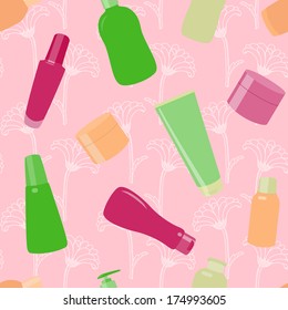 Bright seamless pattern with cosmetic bottles and flowers