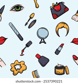 Bright seamless pattern with cosmetics, beauty, makeup and hairstyle items. Vector background for a beauty salon, advertising the services of a hairdresser, cosmetologist. Set of symbols and icons