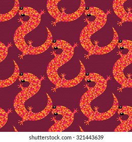 Bright seamless pattern with crawling salamanders. Vector illustration