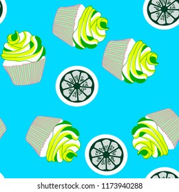 Bright seamless pattern with cupcakes.