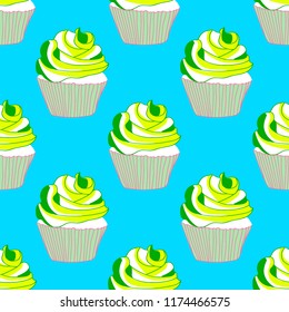 Bright seamless pattern with cupcakes.