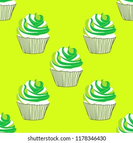 Bright seamless pattern with cupcakes.