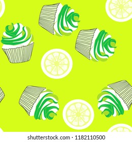 Bright seamless pattern with cupcakes.