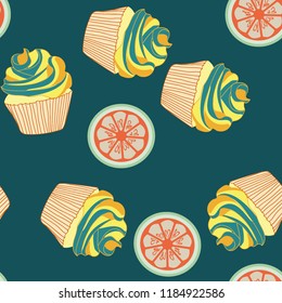 Bright seamless pattern with cupcakes.