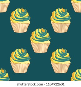 Bright seamless pattern with cupcakes.