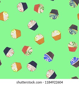Bright seamless pattern with cupcakes.