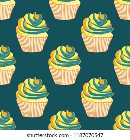 Bright seamless pattern with cupcakes.