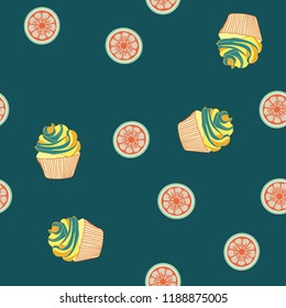 Bright seamless pattern with cupcakes.