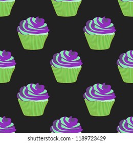 Bright seamless pattern with cupcakes.