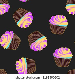 Bright seamless pattern with cupcakes.