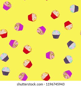 Bright seamless pattern with cupcakes.