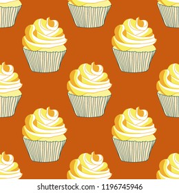 Bright seamless pattern with cupcakes.