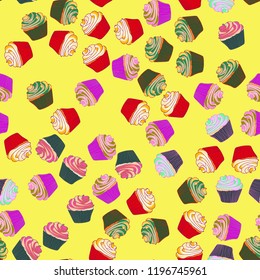 Bright seamless pattern with cupcakes.